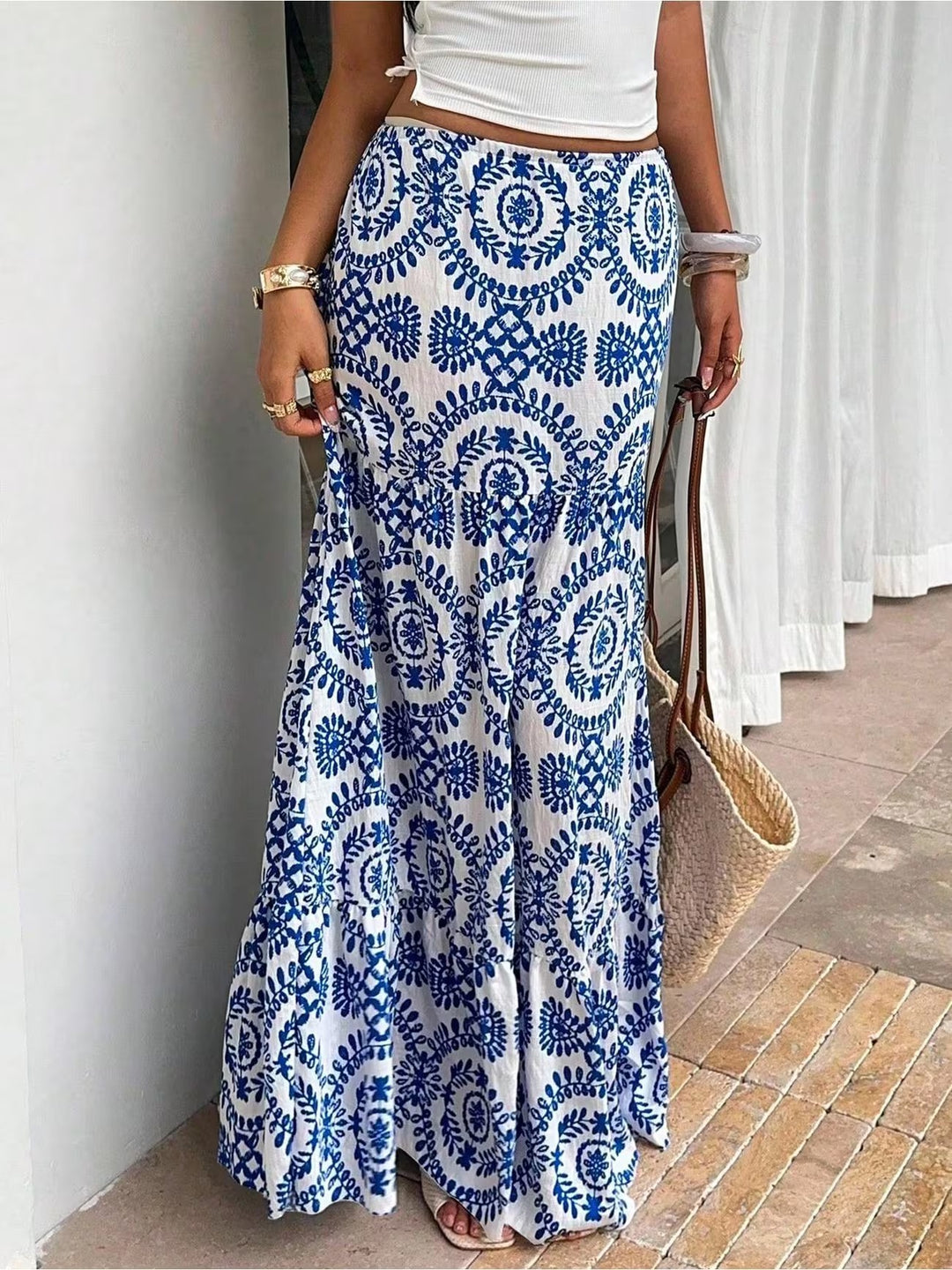 Women’s Tiered Maxi Skirt with Graphic Print